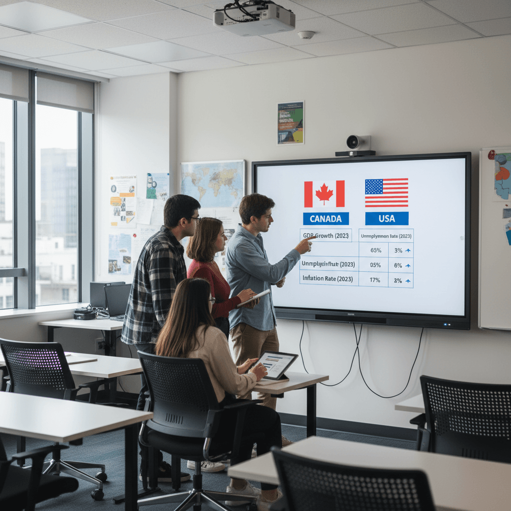 Students comparing economic systems of Canada and USA
