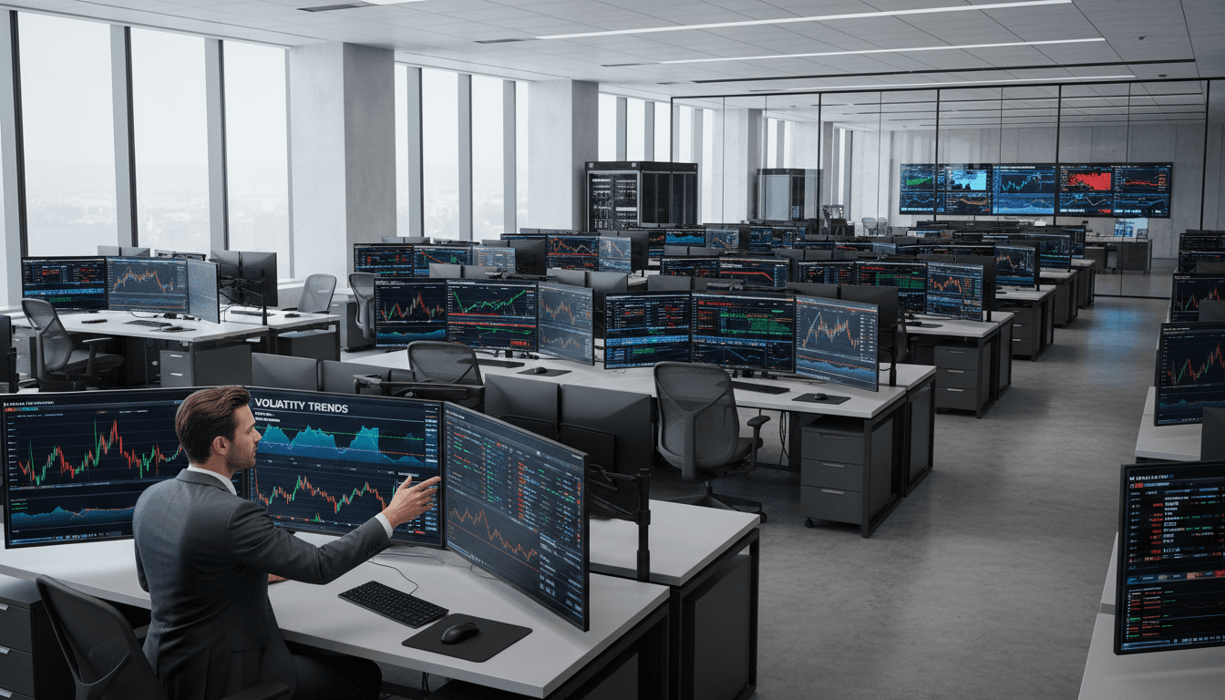 Market economy trading floor with financial data displays